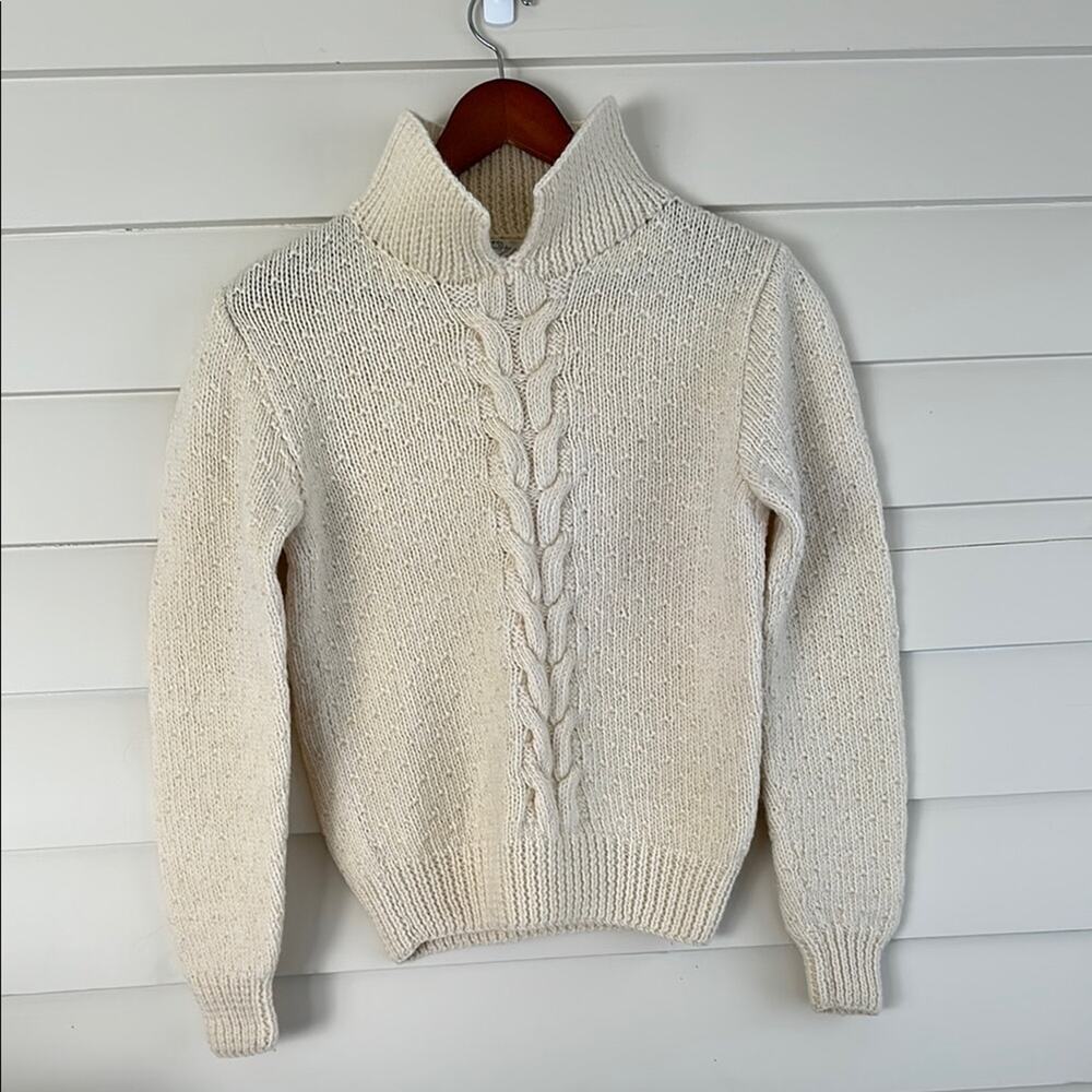 Vintage 100% Wool Cable Knit Sweater Cream Cottagecore Hand Knit Pointelle XS - Picture 2 of 8